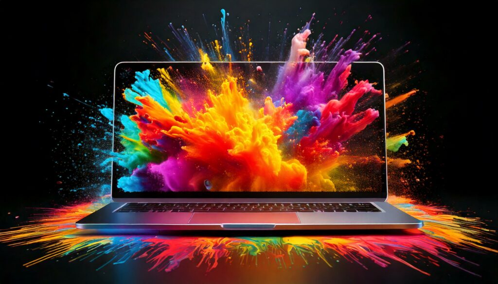 geöffneter Laptop im Bildschirm explodieren bunte Farben als Farbspritzer auf schwarzem Grund
