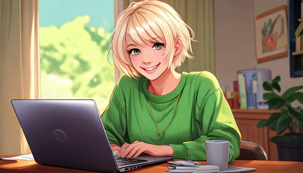 Frau im Comicstil gezeichnet mit blonden kinnlangen Haaren und einem grünen Pullover die in die Kamera schaut während Sie am Laptop sitzt.
