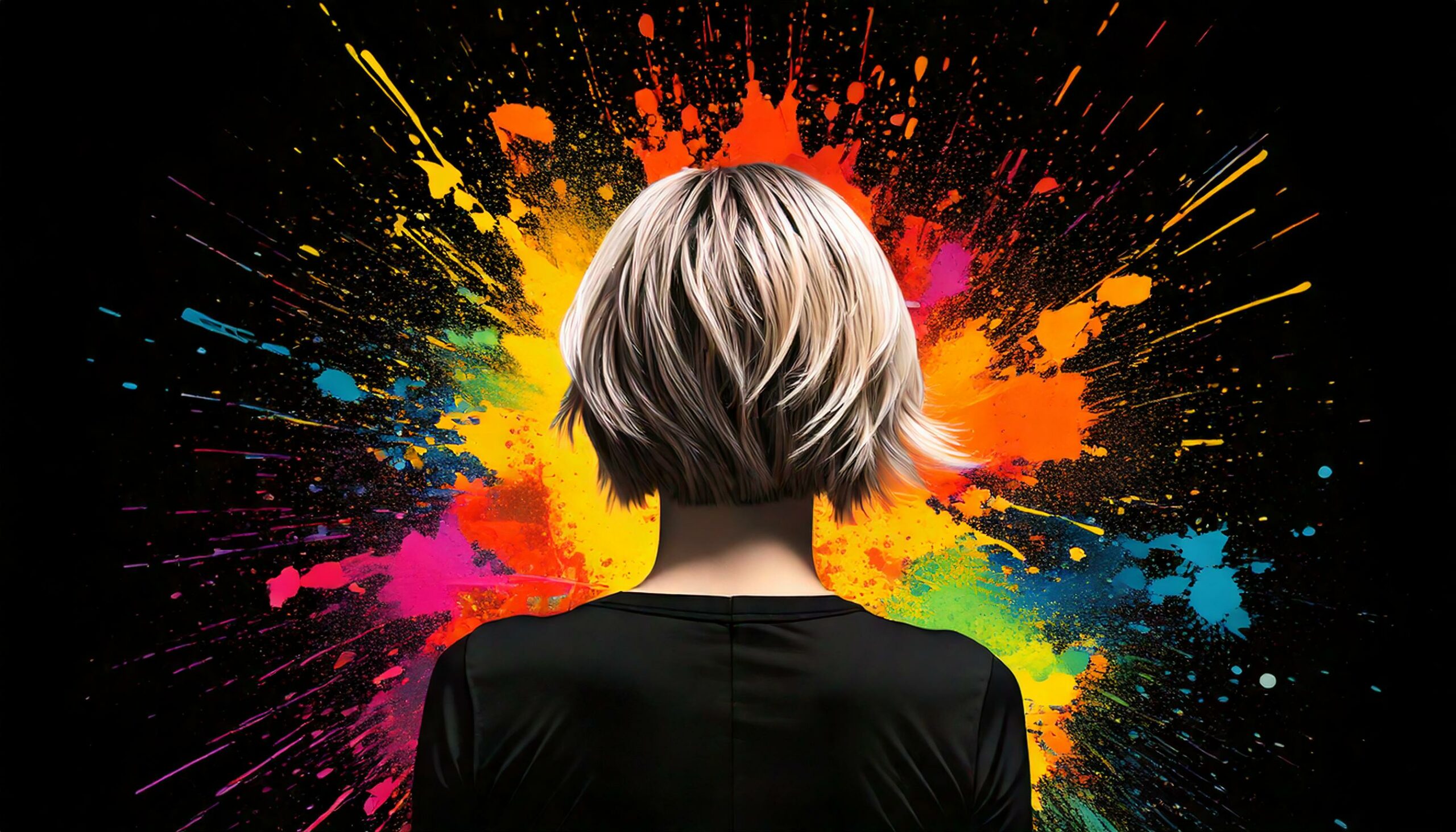 Hinterkopf von einer Frau mit blonden kurzen Haaren im Hintergrund explodieren bunte Farben als Farbspritzer auf schwarzem Grund