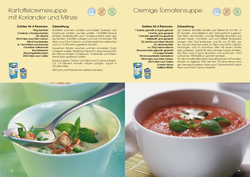 zwei Rezepte mit Bildern aus einer Broschüre von Alpro