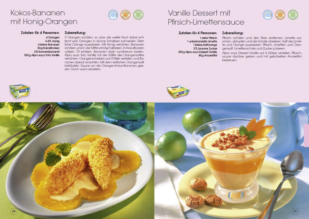zwei Rezepte mit Bildern aus einer Broschüre von Alpro