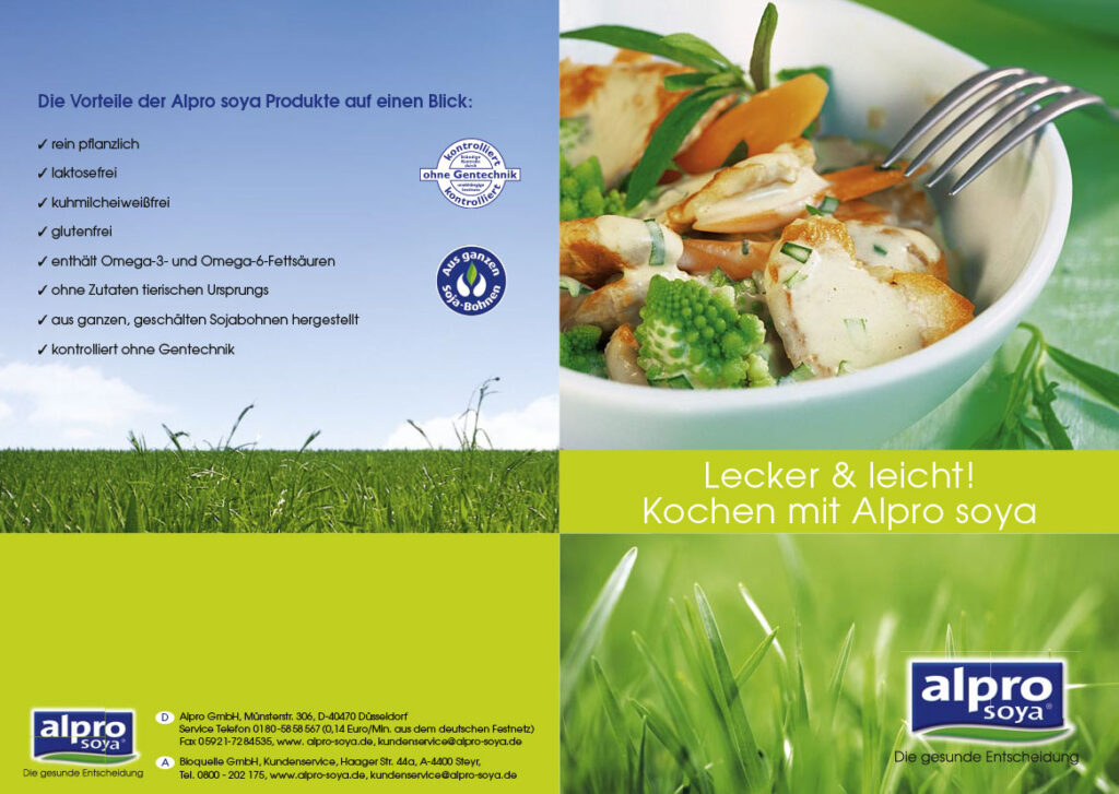 Titelseite und Rückseite der Broschüre für die Rezepte von Alpro