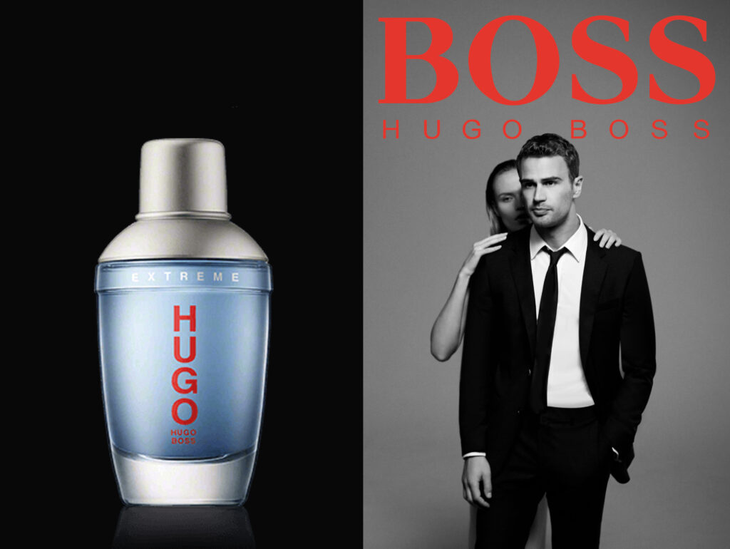 Hugo Boss Parfüm Links abgebildet rechts steht in rot Boss und darunter sind in Schwarz Weiß ein Mann im Anzug und eine Frau die hinter Ihm steht zu sehen