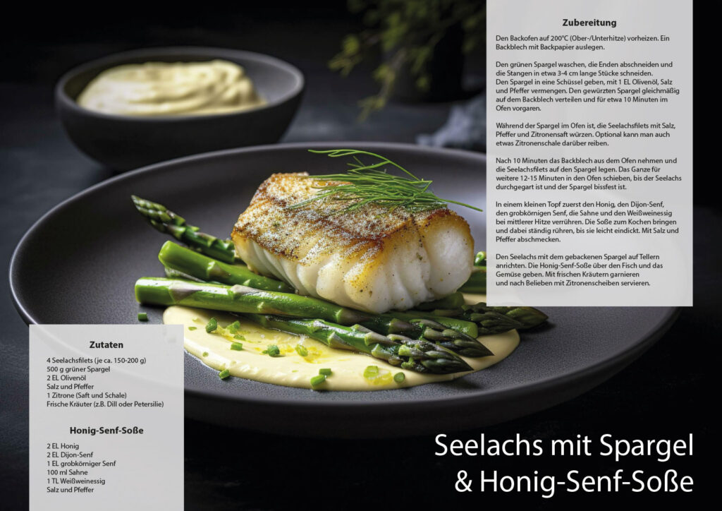 Seite aus einem Kochbuch Seelachs mit Spargel und Honig Senf Soße auf einem schwarzen Teller auf dem Bild ist auch das Rezept platziert
