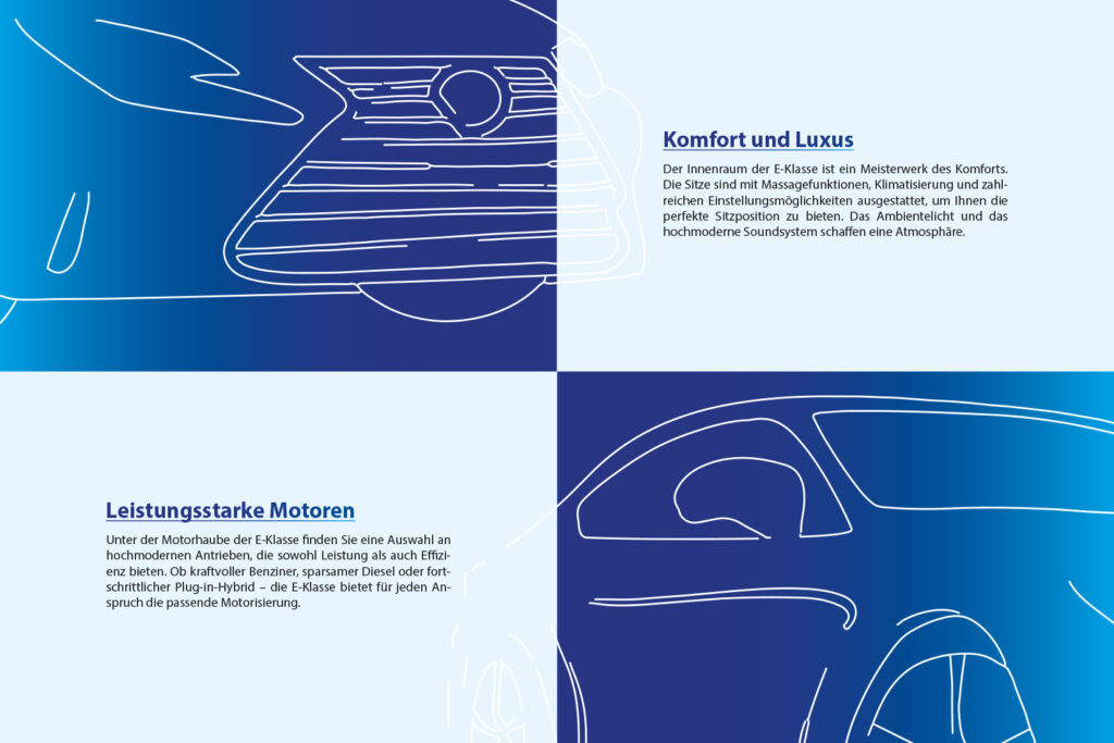 Innenseiten einer Mercedes-Benz Broschüre in blau Tönen gehalten darauf ist ein gezeichnetes Auto als Outline