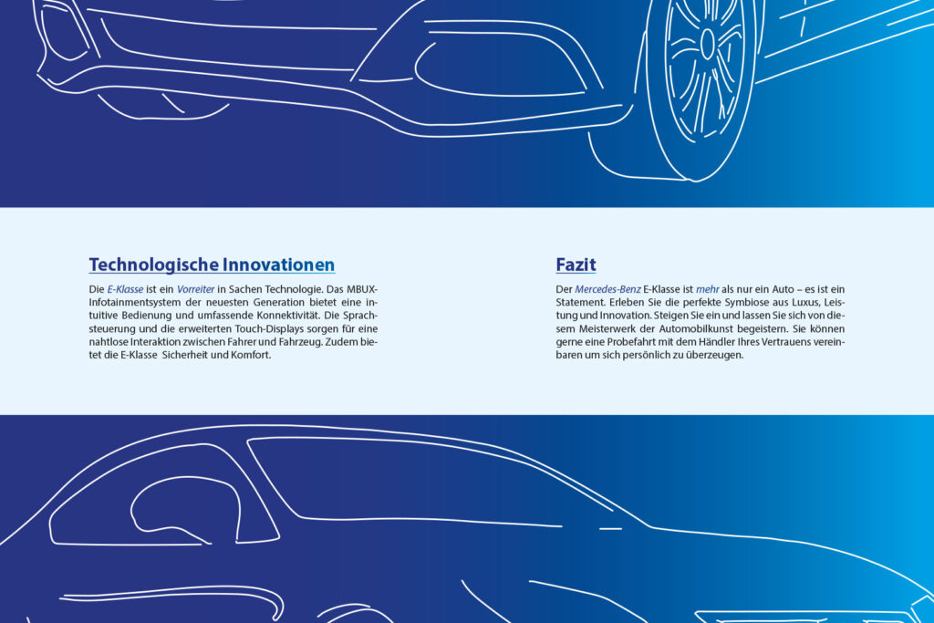 Innenseiten einer Mercedes-Benz Broschüre in blau Tönen gehalten oben und unten ist ein gezeichnetes Auto als Outline