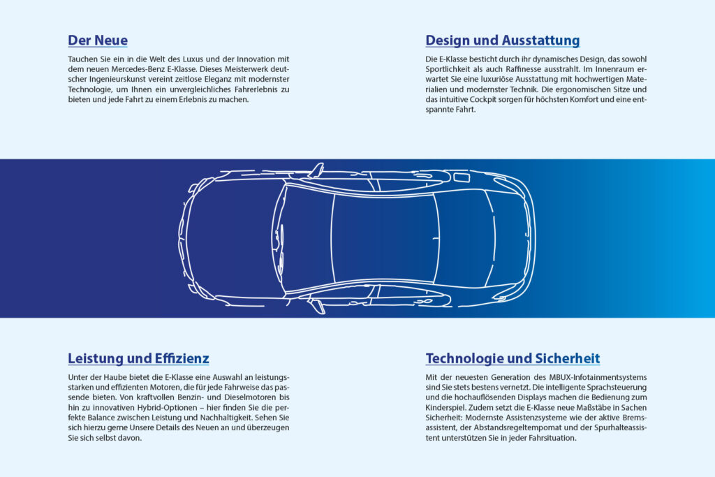 Innenseiten einer Mercedes-Benz Broschüre in blau Tönen gehalten in der Mitte ist ein gezeichnetes Auto als Outline