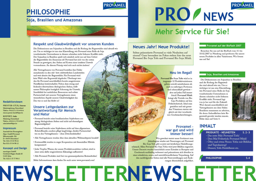 Newsletter von Provamel in dem die Produkte abgebildet und mit Texten erklärt werden
