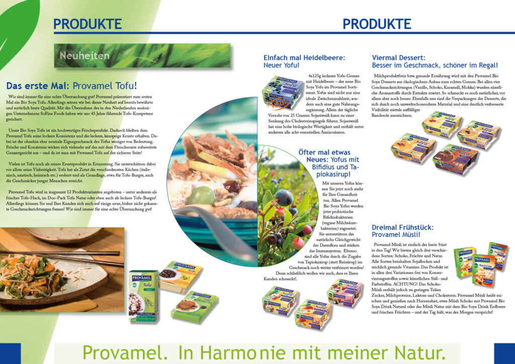 Newsletter von Provamel in dem die Produkte abgebildet und mit Texten erklärt werden