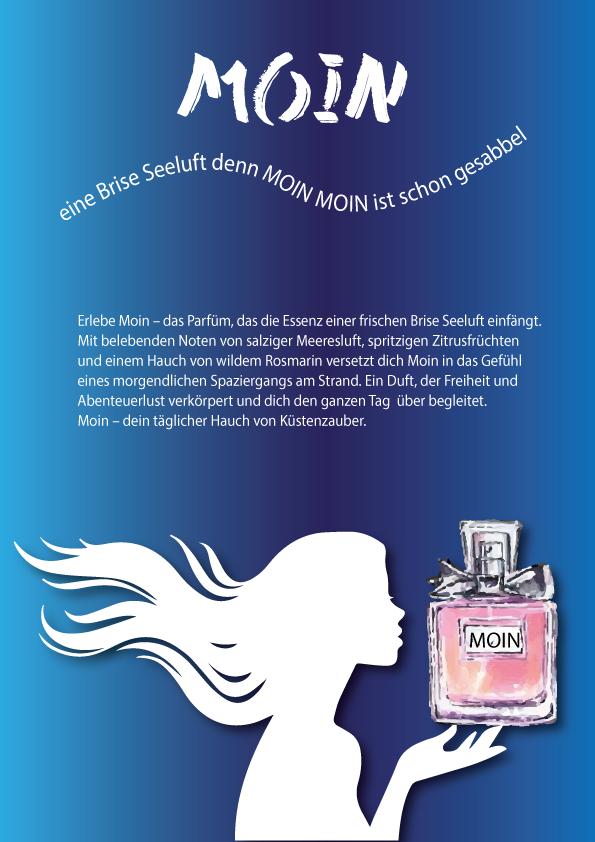 Anzeige für das neue Moin Parfüm blauer Hintergrund mit gezeichnetem Schatten einer Frau die eine skizzierte Parfümflasche in der Hand hält