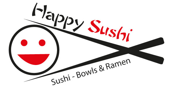 Logo Happy Sushi eine Sushirolle mit einem Smilie Gesicht zwischen zwei Essstäbchen