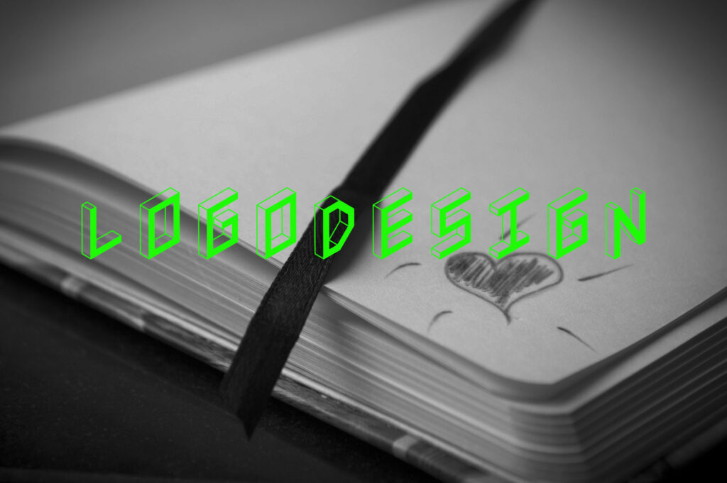 Schriftzug Logodesign in Grün im Hintergrund ist in Schwarz Weiß ein Notizbuch mit Herzzeichnung zu sehen