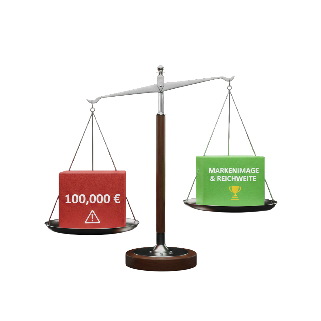 Symbolbild: Eine Waage, die die Risiken gegen die Vorteile der Barrierefreiheit aufwiegt. Auf der linken, roten Waagschale liegt ein Kasten mit der Aufschrift '100,000 €' und einem Warnsymbol (steht für Bußgelder und potenzielle Kosten bei Nichteinhaltung). Auf der rechten, grünen Waagschale liegt ein Kasten mit der Aufschrift 'MARKENIMAGE & REICHWEITE' (steht für die Vorteile der Umsetzung). Die grüne Waagschale ist leicht gesenkt, was darauf hindeutet, dass die Vorteile überwiegen.