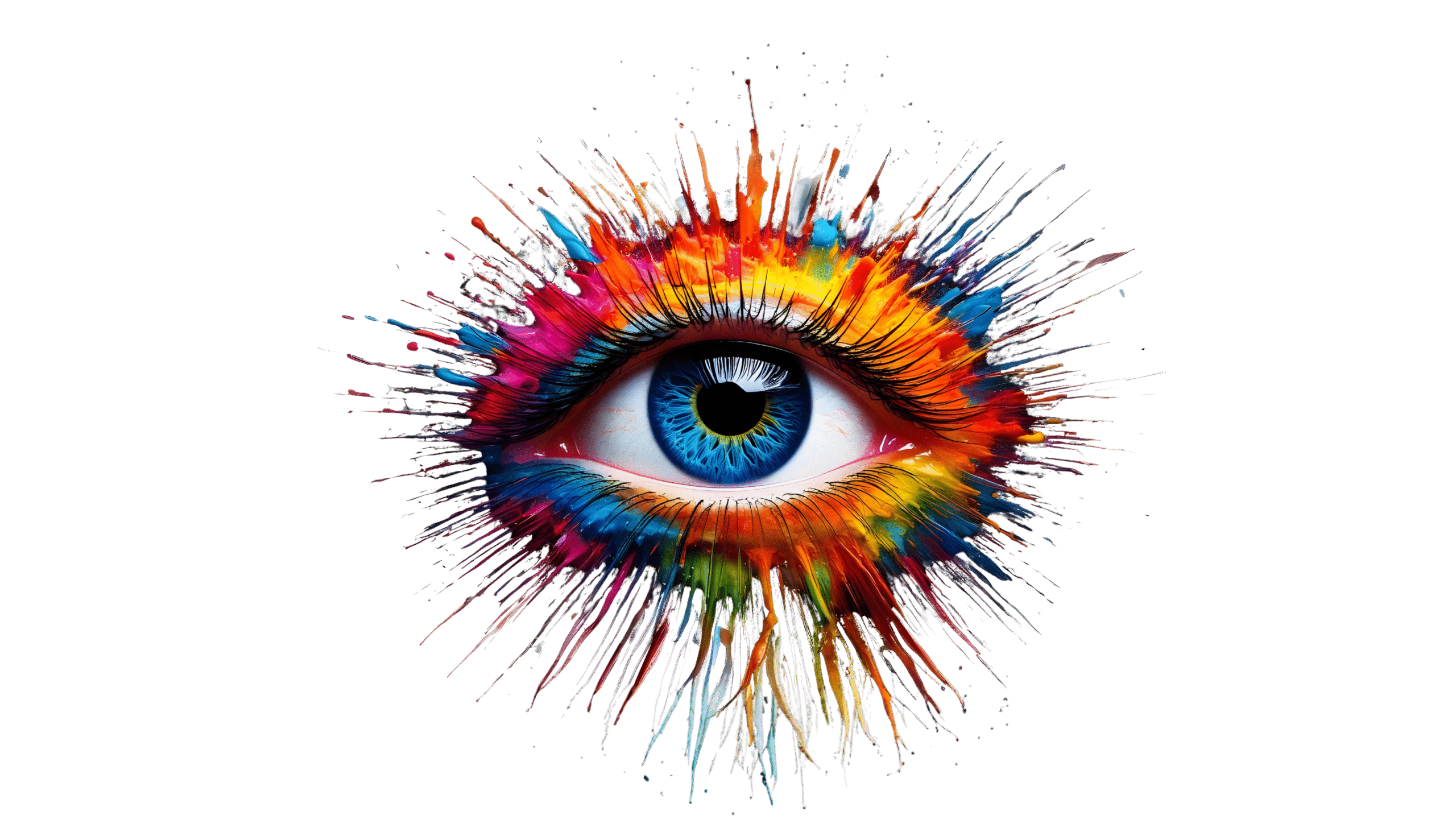 Ein menschliches Auge mit einer farbenfrohen Explosion im Hintergrund. Das Bild dient als visuelles Symbol für Wahrnehmung, Inklusion und Kreativität in Bezug auf Barrierefreiheit.