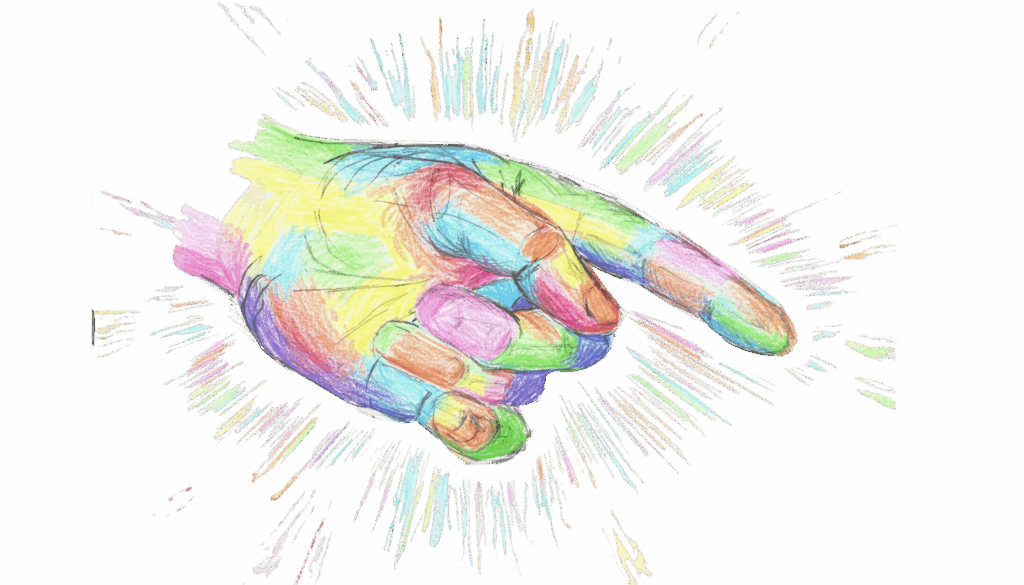 Eine farbenfrohe, regenbogenbunte Zeichnung im Skizzenstil. Sie zeigt eine Hand, deren Zeigefinger direkt nach vorne weist und so Zugänglichkeit, Erreichbarkeit und eine Einladung zur Teilhabe für alle symbolisiert. Die Hand ist von einer ausstrahlenden, bunten Linienexplosion umgeben.