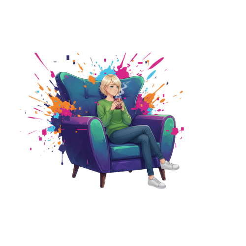Illustration der Gründerin Tanja (helle, kurzblonde Haare, grüner Pullover, blaue Jeans, weiße Sneaker). Sie sitzt mit überschlagenen Beinen auf einem großen, lila-blauen Sessel und hält eine heiße Tasse Tee. Im Hintergrund entspringt eine bunte Farbexplosion. Das Bild symbolisiert Entspannung und Inspiration für barrierefreies Design.