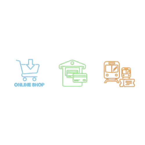 Symbolbild-Reihe für den Personenverkehr. Von links nach rechts: 1. Ein Einkaufswagen-Icon über dem Text 'ONLINE SHOP' (steht für Einkaufen übers Internet). 2. Ein Ticketautomat-Icon mit Fahrkarten (steht für Bus/Bahn-Tickets). 3. Ein Zug- und Flugzeug-Icon (steht für den Reiseverkehr). Die leuchtenden Symbole im Neonstil zeigen, dass digitale Angebote barrierefrei sein müssen.