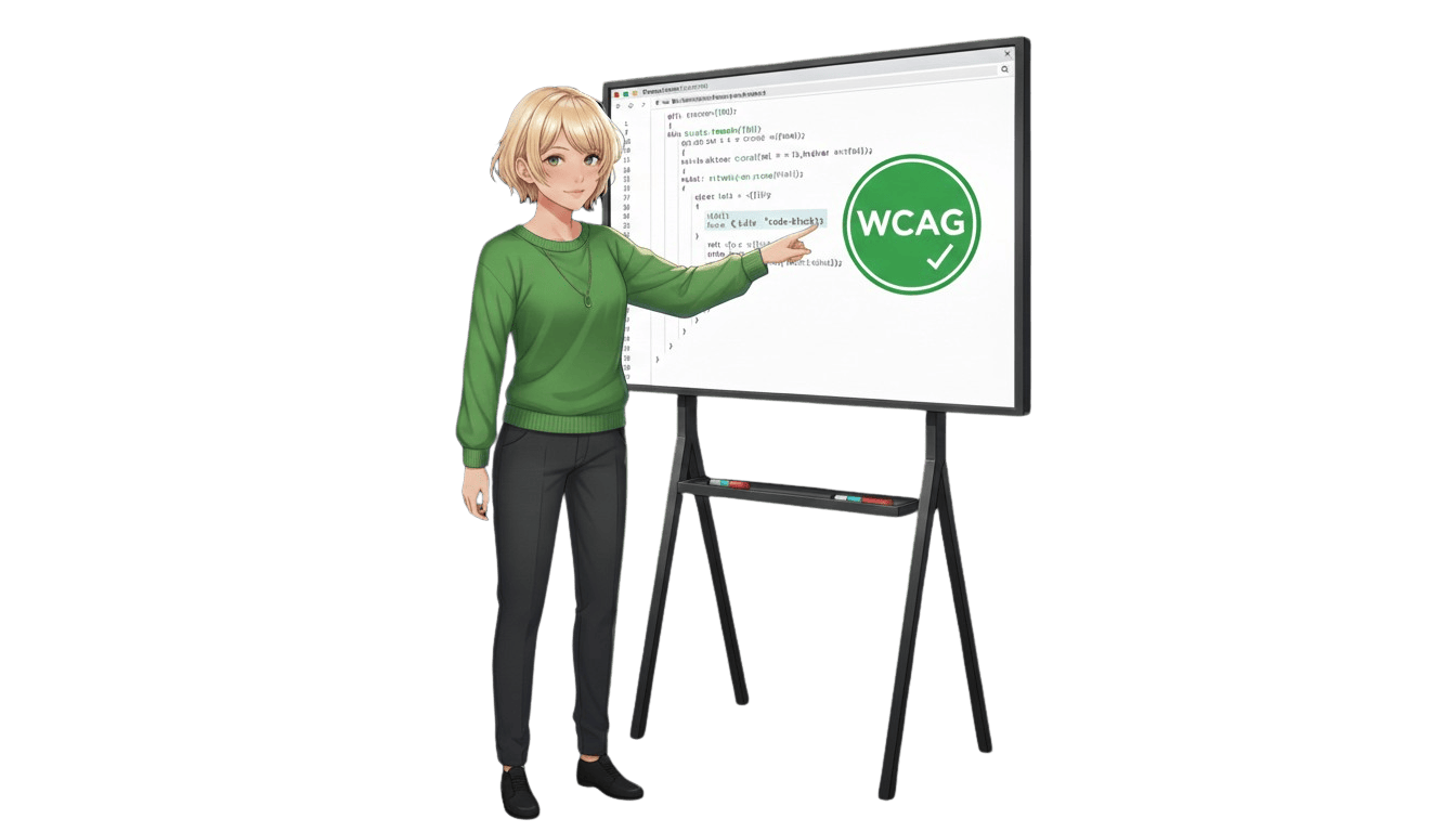 Illustration der Gründerin von Moinpix Tanja Becker (helle, kurzblonde Haare, grüner Pullover, graue Jeans, schwarze Schuhe). Sie steht vor einer digitalen Tafel und zeigt darauf. Auf der Tafel ist eine Website und das Symbol 'WCAG' (Web Content Accessibility Guidelines) zu sehen. Dieses Bild steht für die Beratung und Umsetzung von barrierefreien Designprojekten und Markenauftritten nach den offiziellen Zugänglichkeitsstandards.