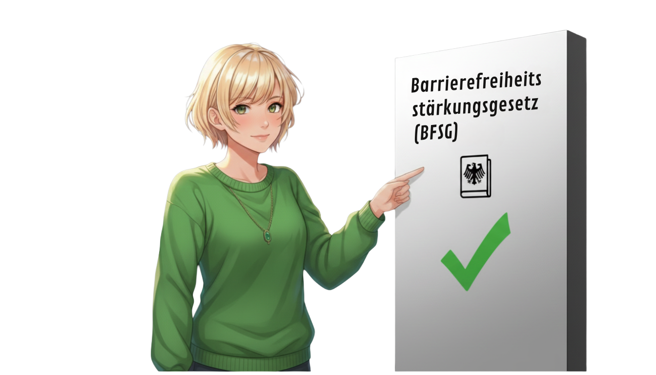 Illustration der Gründerin Tanja Becker von Moinpix (helle, kurzblonde Haare, grüner Pullover). Sie steht neben einem großen grauen Schild, auf dem 'Barrierefreiheitsstärkungsgesetz (BFSG)' steht. Das Schild zeigt ein großes grünes Häkchen, was die erfolgreiche Umsetzung und die Einhaltung des Gesetzes symbolisiert. Dieses Bild dient als Aufmacher für den Artikel über die gesetzlichen Anforderungen der digitalen Barrierefreiheit ab 2025.