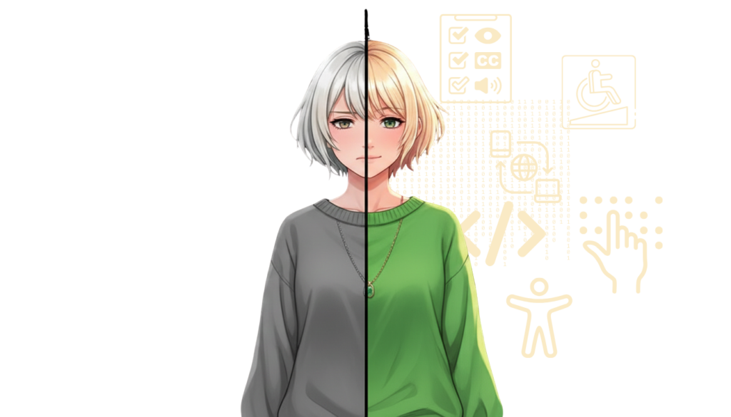 Symbolbild, das die Wichtigkeit der Barrierefreiheit darstellt. Die Gründerin von Moinpix, Tanja Becker (helle, kurzblonde Haare, grüner Pullover) ist mittig dargestellt. Ihre linke Hälfte ist in Schwarz-Weiß gehalten, sie lächelt nicht und ist von Symbolen fehlender Barrierefreiheit umgeben, inklusive dem Warnhinweis 'MISSING ALT-TEXT' und einem großen 'X'. Ihre rechte Hälfte ist bunt, sie lächelt und ist von Symbolen erfolgreicher digitaler Barrierefreiheit (wie Code und Tastaturbedienung) umgeben.