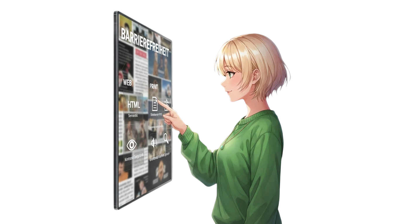 Illustration der Gründerin Tanja Becker von Moinpix (helle, kurzblonde Haare, grüner Pullover). Sie steht vor einem großen, futuristischen, digitalen Bildschirm und berührt diesen mit ihrem rechten Zeigefinger. Auf dem Bildschirm sind verschiedene Themenkacheln zu sehen, darunter prominent 'BARRIEREFREIHEIT', 'WEB' und 'HTML'. Dieses Bild symbolisiert den aktiven Zugriff auf Informationen, Gesetze und aktuelle Entwicklungen rund um das Thema digitale Barrierefreiheit.