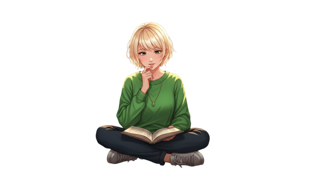 Illustration von Tanja, der Gründerin von Moinpix (helle, kurzblonde Haare, grüner Pullover, graue Jeans, weiße Sneaker). Sie sitzt im Schneidersitz auf dem Boden. In Ihrer linken Hand hält sie ein aufgeschlagenes Buch im Schoß. Sie schaut nachdenklich in das Buch und hält dabei ihren rechten Zeigefinger an ihren Mund. Dieses Bild symbolisiert Kreativität, Lernen und den persönlichen Raum für Design ohne Grenzen.