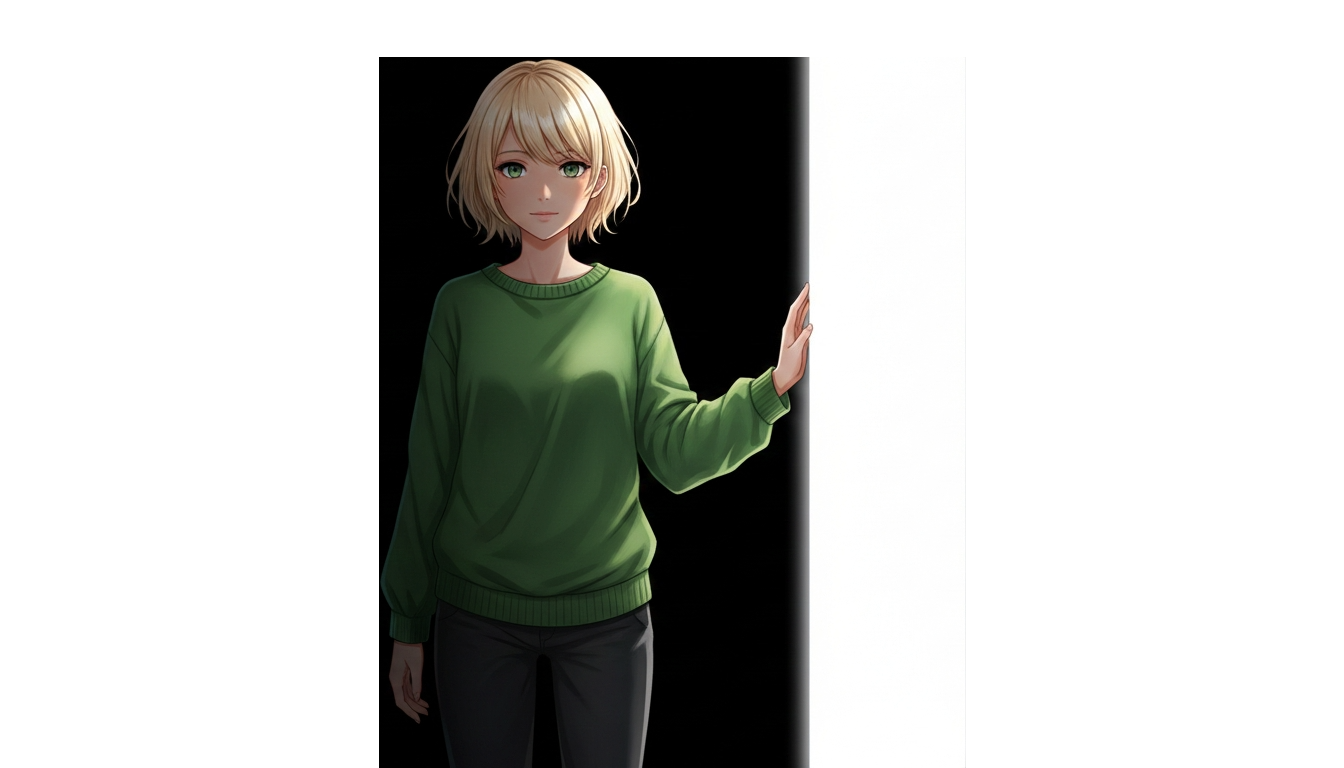 Illustration der Gründerin Tanja (helle, kurzblonde Haare, grüner Pullover, graue Jeans). Sie steht mittig und stützt eine Hand auf eine hohe, weiße Barriere. Die Barriere leuchtet hell und strahlt auf Tanja ab. Die gegenüberliegende Seite ist abgedunkelt. Das Bild symbolisiert das aktive Beseitigen von Barrieren und steht im Kontext des Angebots: 'Mehr Verständnis. Weniger Barrieren.'