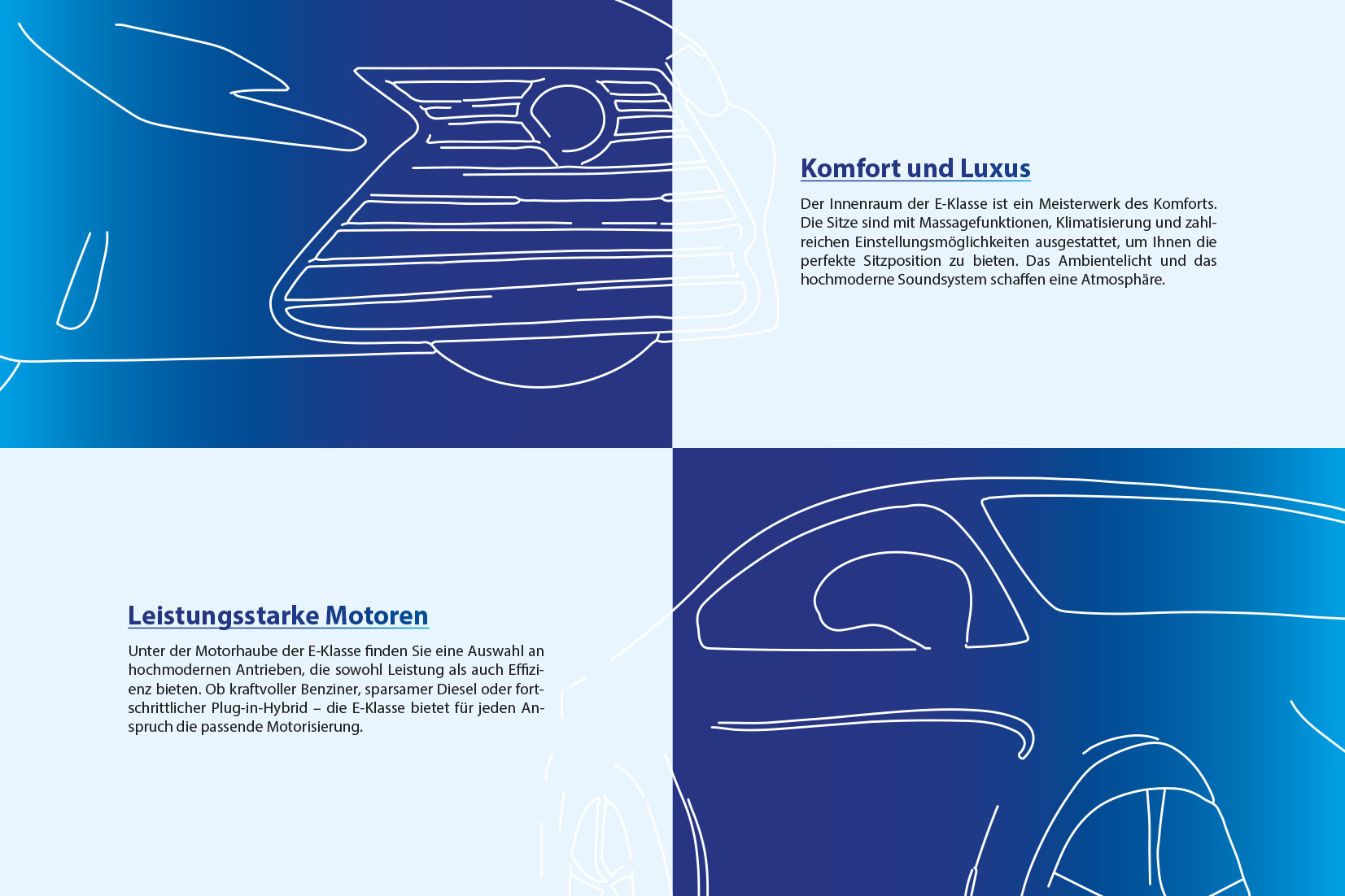 Referenz-Magazinseite (Spreizseite) mit klar strukturierten Textabschnitten: oben rechts 'Komfort und Luxus', unten links 'Leistungsstarke Motoren'. Die Seite ist mit feinen, weißen Auto-Zeichnungen (Seitenansicht, Motorraum) auf blauem Hintergrund illustriert.