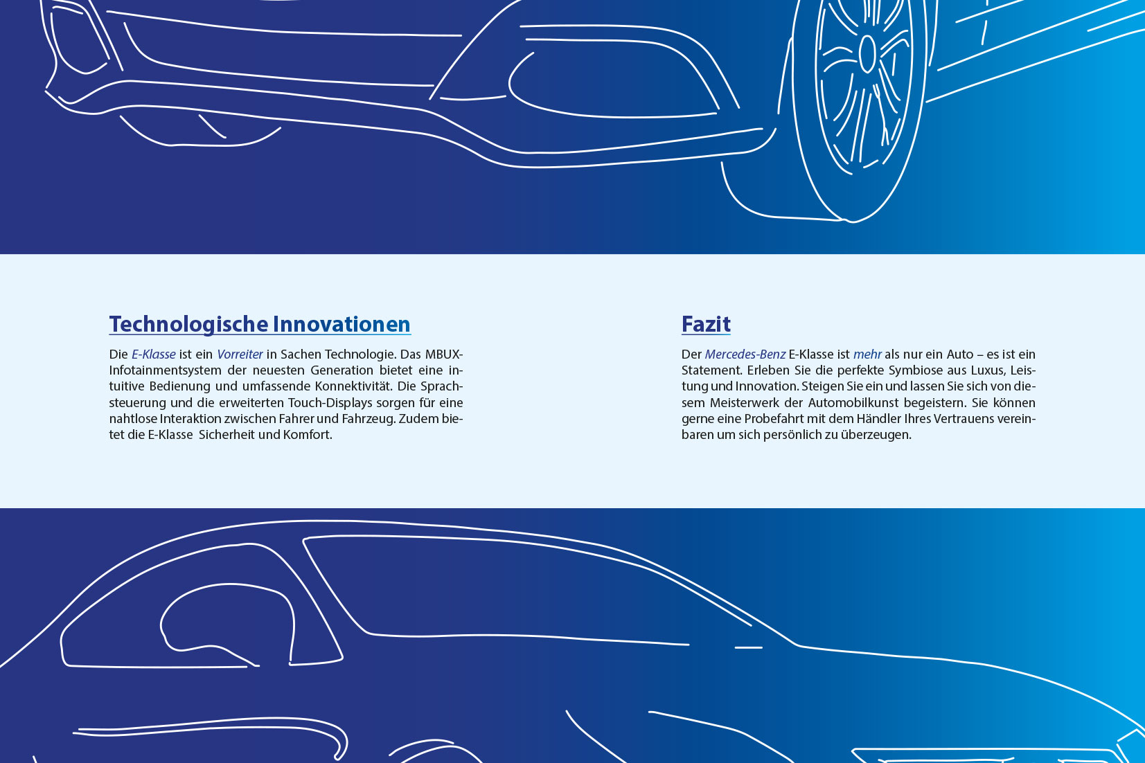 Referenz-Magazinseite (Spreizseite) mit den Textabschnitten 'Technologische Innovationen' und 'Fazit'. Die Seite ist durch schematische Linienzeichnungen, die die Seitenansicht des Autos darstellen, auf blauem Hintergrund illustriert.