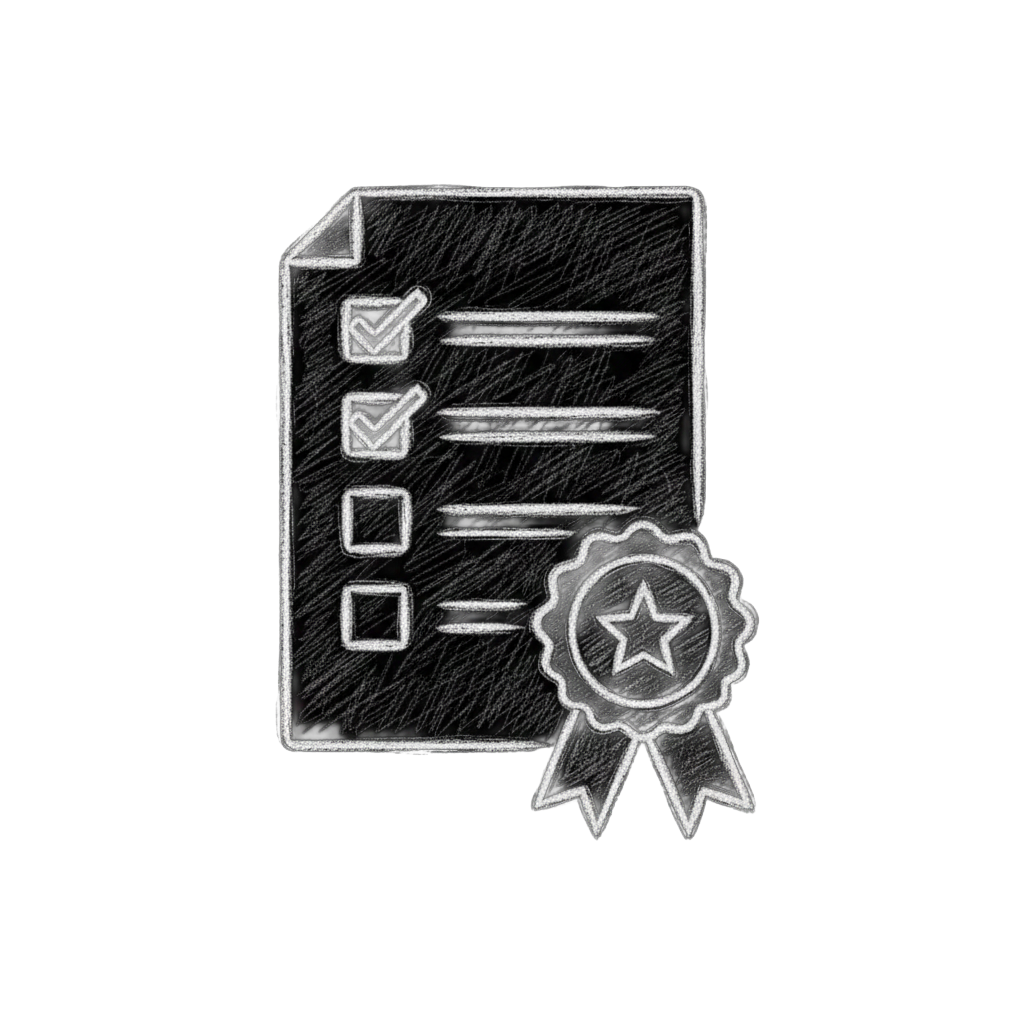 Symbolbild: Eine Zeichnung im Kreidestil eines Dokuments mit einer angehakten Checkliste und einer Medaille/einem Siegel. Steht für die geprüfte Qualität und den formalen Nachweis (z.B. WCAG, PDF/UA) der Barrierefreiheit.