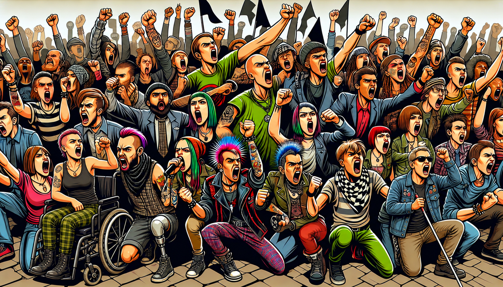 Zeichnung im Comicstil einer gemeinsamen Protestaktion von Menschen mit und ohne Behinderung